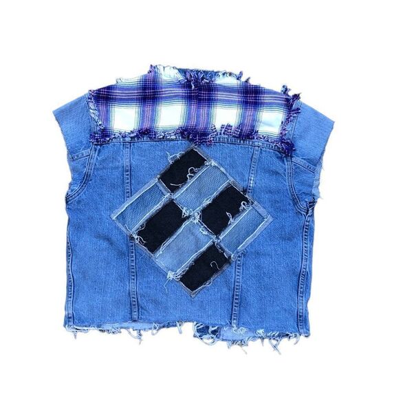 VINTAGE 2004 Levi's Patchwork Denim Jacket Vest Blue Small - Picture 15 of 16